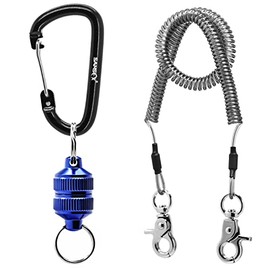 SAMSFX Fishing Strongest Magnetic Net Release Magnet Clip Holder Retractor with Coiled Lanyard (Vertical Stripe Grip, Blue)
