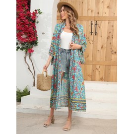 R.Vivimos Women's Vintage Floral Print Beach Boho Cardigan Kimono Maxi Swimwear Cover Up Dress Wrap Large