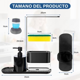 GALASALA Dispensador de Jabón Cocina, 6 en 1 Jaboneras para Cocina, Despachador de Jabon con Cepillo, Esponja, Toallero y Jabonera, Ideal para Cocina y Baño