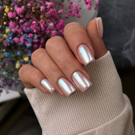 French False Nails Short - 24pcs Light Pink Press on Nails - Pink Pearl Fake Nails with Glue - Square Elegant Full Cover Stick on Nail in 12 Sizes with Nail File & Sticky Tabs