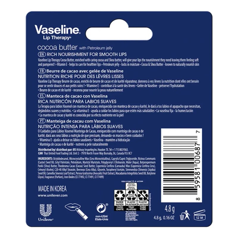 Vaseline Lip Therapy Cocoa Butter Bálsamo Labial De Usa