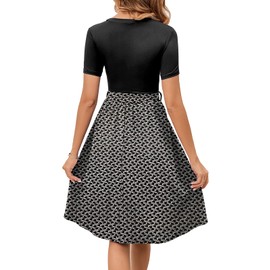 Summer Casual Dresses for Women Elegant Vintage Round Neck Short Sleeve A-Line Professional Business Work Dress with Belt 809 Black Plaid L