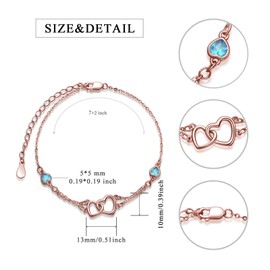 Dorunmo Anklet/Bracelet for Women 925 Sterling Silver Birthstone Jewelry Cubic Zirconia Double Heart Chain Gifts for Mom Wife Friend Bride Valentine's Day Christmas Birthday Mother's Day Gift,