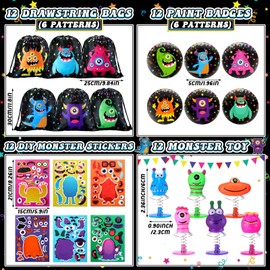 Abbylike 102 Pcs Monster Party Favors Include Make Your Own Stickers, Spring Launchers Toys, Monster Drawstring Backpack, Monster Notebooks, Silicone Wristbands, Keychains, Badges Pins, Pencils