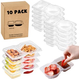 10 Sets Double Compartment Condiment Container, 2 Compartment Snack Containers, Disposable Food Containers with Lids for Sauce Snack, for Travel, Picnic