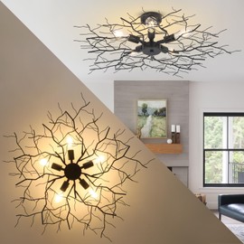 HMVPL Large Semi Flush Mount Ceiling Light Fixture, Black Modern Chandelier with Branch Shapes, 5-Lights Industrial Close to Ceiling Light Fixtures for Living Room Bedroom Kitchen Dining Room(D 37")