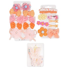 26pcs Hairpins and Hair Ties for Teen Girls, No Slip Metal Snap, Barrettes for Toddlers Kids Birthday Girls, Butterfly Hair Clips for Kid, Fashion Hairpin Cute Flower Hair Ties (Orange)