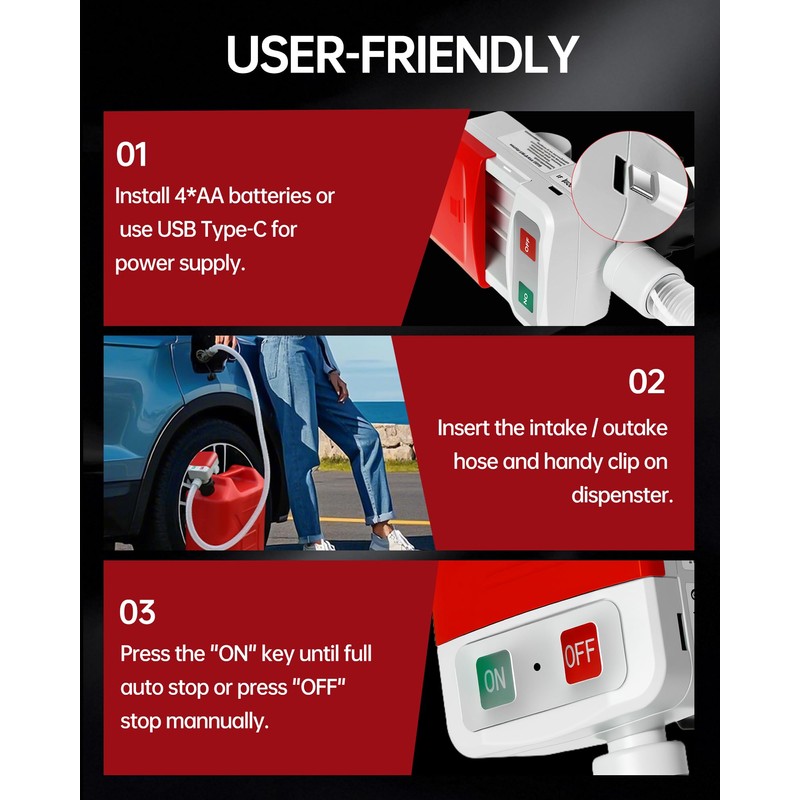 Portable Fuel Transfer Pump with Auto-Stop Sensor-3.2GPM, Battery or USB