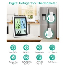 ORIA Wireless Fridge Freezer Thermometer with 2 Sensors, Colour LCD Display & Smart Temperature Alerts, Min/Max Records, for Refrigerator, Home, Kitchen, Restaurant
