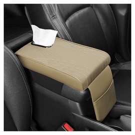 OFBAND Leather Car Center Console Cover with Tissue Holder And Pockets,Upgraded Car Armrest Cover Provide Comfort and Center Console Organizer,Universal Car Accessories Arm Rest Cover for Car (Beige)