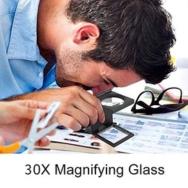 Fosa 30X Lupa Plegable con Cubierta de Almacenamiento de Cuero PU, Bolsillo Lupa de aleación de Zinc portátil con 2 Luces LED para reparación de computadoras Inspección de joyeros, etc