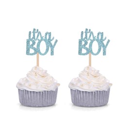 Juego de 24 púas para decoración de cupcakes con purpurina azul «It's a boy», ideal para fiestas de baby shower»