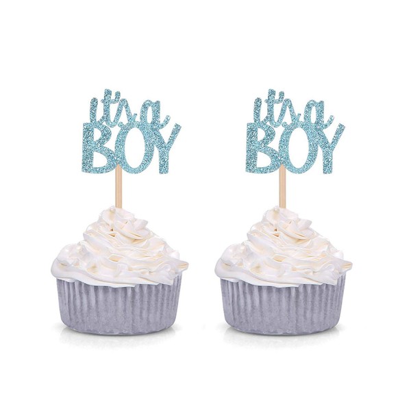 Juego de 24 púas para decoración de cupcakes con purpurina azul «It's a boy», ideal para fiestas de baby shower»