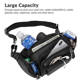 TIDING Men's Genuine Leather Fanny Pack Multi-Pockets Waist Belt Bag for Work Travel Hiking Cycling, Black