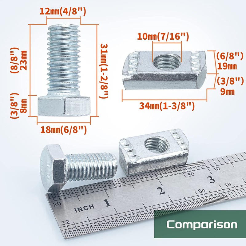 10 Pack Channel Nut and 1/2" x 15/16" Bolt for