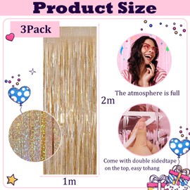 3pcs Champagne Gold Metallic Tinsel Curtains Tinsel Backdrop Party Foil Door Curtain,1*2m Laser Fringe Curtain Wall Tinsel,Shimmer Curtains Tassel Backdrop for Birthday Wedding Xmas Party Decoration