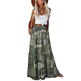 EARKOHA Womens Casual High Waist Tie Paisley Print Long Maxi Skirt with Pockets Patchwork-Green M