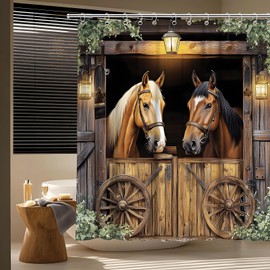 TQNNTQ Western Horse Barn Door Shower Curtain Farmhouse Cowboy Old Wild West Stable Wheel Green Leaves Rustic Wooden Board Bath Curtain Fabric Bathroom Accessories Decor with Hooks