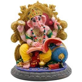 Indian God Ganesha Idol Statue - 5.4”H Ganesh Statue Sitting on Throne Murti India Ganapati Pooja Item Home Office Temple Mandir Shrine Altar Diwali Puja Decor Ideal Gifts for Indian Friend Relative
