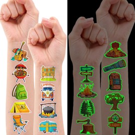 96PCS Camping Camp Camper Campfire Pre-Cut Luminous Temporary Tattoos for Kids | Super Cute Themed Birthday Party Favors, Supplies, Decorations, Fake Tattoo Stickers