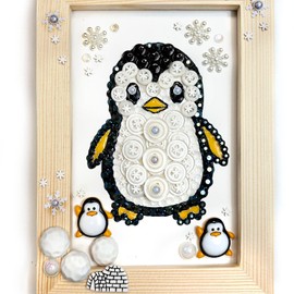 Winter Wonderland Penguin Button Art Kit, DIY Craft Frame with Snowflakes, Black and White Design, Wooden Frame, Holiday Decor