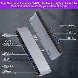 Surface Laptop 5/Laptop 4/Laptop 3/Laptop Go2 Hub Estación de acoplamiento con 4K@30HZ HDMI +2 USB 3.0 +USB-C +SD TF ranura para tarjeta +3.5 mm Adaptador de audio para Surface Laptop 3/4/5/Laptop