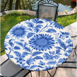 Yesad 52 Inch Floral Round Tablecloth Farmhouse Decor Table Cloth, Indoor Outdoor Vintage Table Cover for Daily Use - Blue Flower, 46"-50" Tables