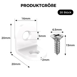 VOCIBO® Pack of 20 Angle Connectors White Metal Angle 90 Degree 20 x 20 mm Stainless Steel Angle Small with Screw for Mounting Angle Bracket Furniture Table Chair Bookshelf