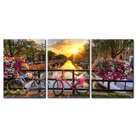 3 Pieces Cityscape Canvas Wall Art - Beautiful Sunrise Over Amsterdam Pictures Print on Canvas Flowers and Bicycles Modern Artwork for Home Office Decor Stretch Framed Ready to Hang - 20" x 28" x 3
