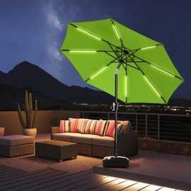 HOMSHADE 9ft Solar Patio Umbrella - Solar Lights LED Lighted UPF50+ UV Protection Umbrella, Outdoor Market Table Umbrella with Push Button Tilt, Crank for Pool Deck and Garden (Apple Green)