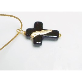 Kintsugi Petite Cross Black Howlite, Broken, Mended with 23k Gold, Cord Necklace