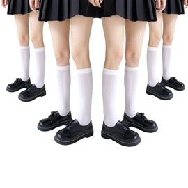 aoozleny Women Girls Thin Cotton Knee High Socks, Women's Flat Knit Knee High Socks, 4 Pairs (White)
