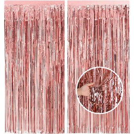 2Pcs Foil Curtain Decorations - 3.2ft x 6.5ft Tinsel Curtain, Glitter Door Curtain, Tinsel Hanging Streamers for Party, Prom, Birthday, Christmas, School Graduation Decorations (Rose Gold)