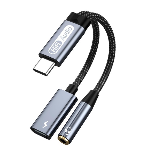 USB C to 3.5mm headphones and charging adapter, 2-in-1 USB