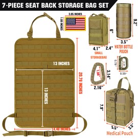 IronSeals Car Seat Back Organizer with 4 Pouches, Tactical Molle Panel Sag Proof Vehicle Seat Protector Automotive Seat Back Pad - Duffel Bag, Medical Pouch， Water Bottle Pouch and Molle Pouch