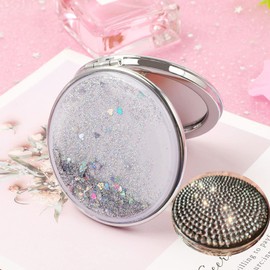 Reabhpy Compact Mirror, Quicksand Pocket Mirror Round with Blingbling Diamond Foldable Fashion Hand Mirror 1X/2X for Purses and Travel Women Girls Gifts (Silver)