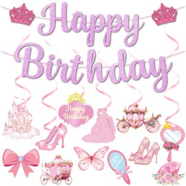 Princess Birthday Banner Princess Birthday Party Decorations Princess Themed Party Decorations with Happy Birthday Banner Hanging Swirls Stickers for Girls