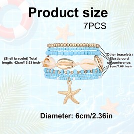 Mikovivi 7pcs Summer Beach Bracelets, Stackable Beaded Sea Shell Starfish Surfer Anklet Jewellery Set Boho Bohemian Holiday Seashell Jewelry Gift for Woman