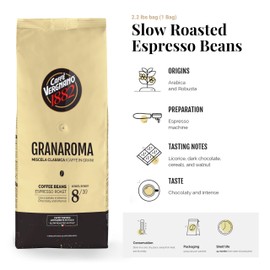 Caffe Vergnano 1882 Gran Aroma Whole Bean Arabica Medium Espresso Roast Coffee, 2.2lbs Bag - Italian Coffee Beans with Rich notes of Cocoa, Spices & Dried Fruit, Intensity 8/10-1000g Bag