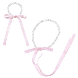 Bow Pearl Choke Necklace Chain Pearl Beaded Bracelets for Women Pearl Bow Necklace Bracelet Set for Women Long Ribbon Pearl Bow Necklace Beaded Elastic Bracelet Bow Pearls Necklace for Women