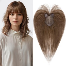 S-noilite Hair Toppers for Women Human Hair 8x11cm - Silk Base Human Hair Topper with bangs for thinning hair 21g Medium Brown #4