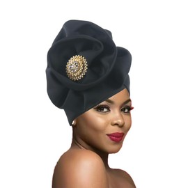 Elegant Floral Turban Head Wrap, Crystal Brooch Detail, Multi-Color Options, Church Wedding Party Headpiece (Black)