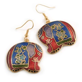 Multicoloured Enamel Elephant Drop Earrings In Gold Tone Metal - 45mm Long