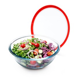 NUTRIUPS 3-Quart Large Glass Mixing Bowls with Red Lid, Salad Bowl with Lid 2-Pieces, Clear Glass Bowl
