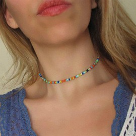 Sttiafay Bohemian Colorful Beaded Choker Necklace Handmade Bead Clavicle Necklace Chain Summer Beach Accessories for Women and Girls