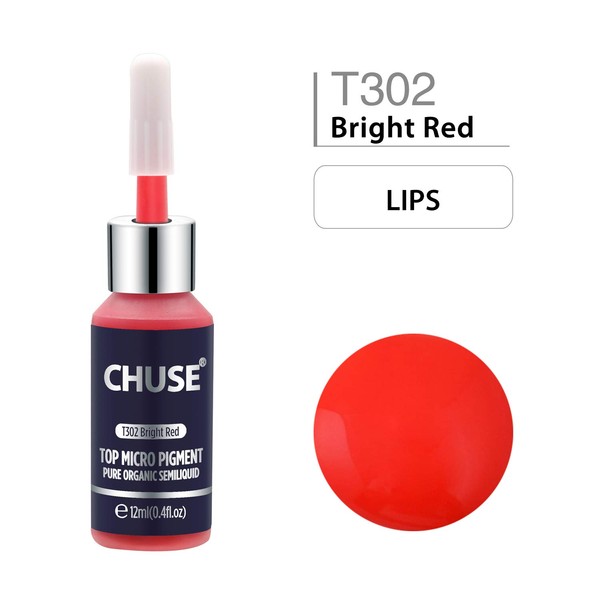 CHUSE T302 Bright Red Microblading Micro-Pigment Permanent Makeup Tattoo Ink Cosmetic Colour Went SGS, DermaTest 12 ml (0.4fl.oz)