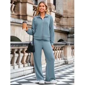 Glamaker Womens 2 Piece Sweat Suits Casual Comfy Long Sleeve Zip Up Wide Leg Pants Travel Sets Tracksuit Fashion Fall Outfits Dusty Blue L