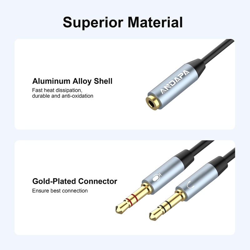 ANDAPA Divisor de Audio y micrófono(21CM), Adaptador de Auriculares 3.5mm