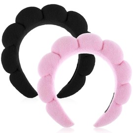Spa Headbands for Women, Set of 2, Sponge Headband for Washing Face or Facial, Skin Care, Headband, Make-Up, Terry Towelling Fabric, Puffy Shower Hair Accessory (Pink Black)