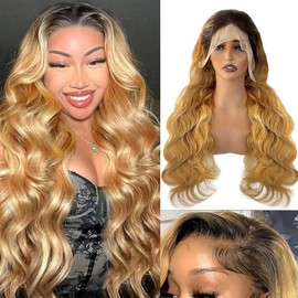 Belaved Ombre Lace Front Wigs Human Hair Honey Blonde with Black Roots 13X4 HD Transparent Body Wave 1B/27 Wig Human Hair Pre Plucked HD Frontal 180 Density Glueless 34inch
